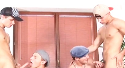 Four Young Studs Making Music with their Cocks before Sex