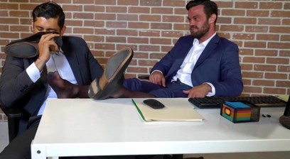 Bearded businessman foot worshipped by kinky Latino stud