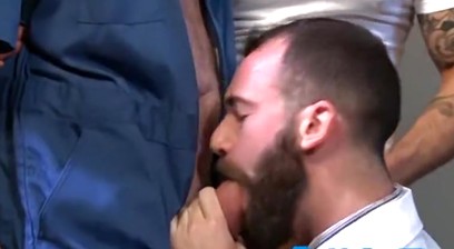 Horny Stephen Harte covered in cum after threesome fucking