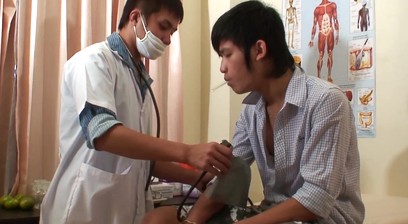 Fisted Asian twink jerking while barebacked by doctor